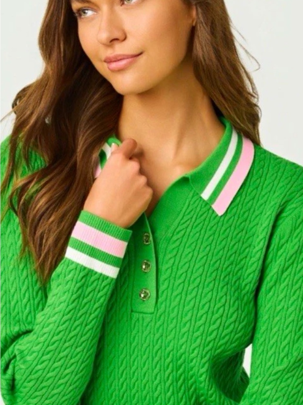 Lilly Pulitzer Bright Green Cable-Knit Polo Sweater with Pink & White Trim